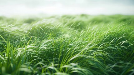 Green grassland, isolated on white, with dew drops on the blades. A fresh and calming nature scene