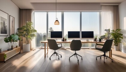 Fototapeta premium Cozy workplace interior with pc monitors and chairs, window. Mockup wall
