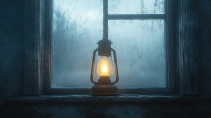 Romantic Oil Lamp Illuminating a Misty Window View