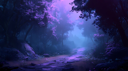 Fototapeta premium Amazing dense fog settles hauntingly over mystical dark forest path trees vanishing upwards generative ai. Mystical. Illustration