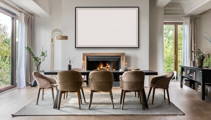 Fototapeta premium Elegant home living room interior with eating table and fireplace, mockup frame