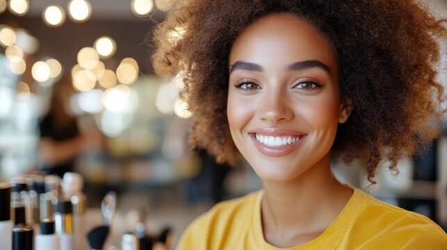 A brightly smiling woman with textured hair delights against a decorous background, emanating joy and confident vibes in a well-lit ambiance.