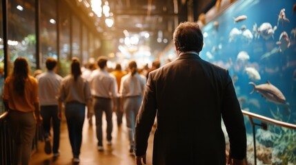 A scene of an aquarium with people walking past, showcasing marine life on display, creating an atmosphere of wonder and fascination through illuminated aquatic beauty.
