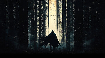 a shadowy figure stepping cautiously through a foggy forest