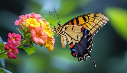 Fototapeta premium Bright tiger butterfly pollinating a vibrant flower, natural scene