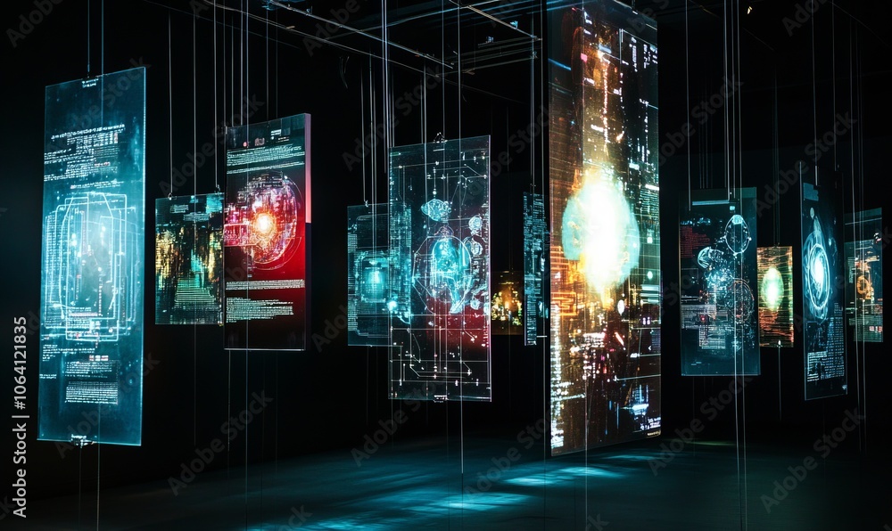 Poster a series of holographic screens suspended in a dark room, displaying different aspects of artificial