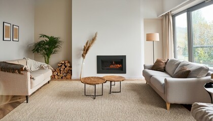 Home living room interior with relaxing zone, fireplace and window. Mockup wall