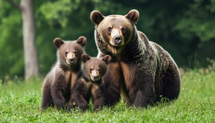 Fototapeta premium Brown bear with two cubs on a green meadow, panoramic wildlife scene