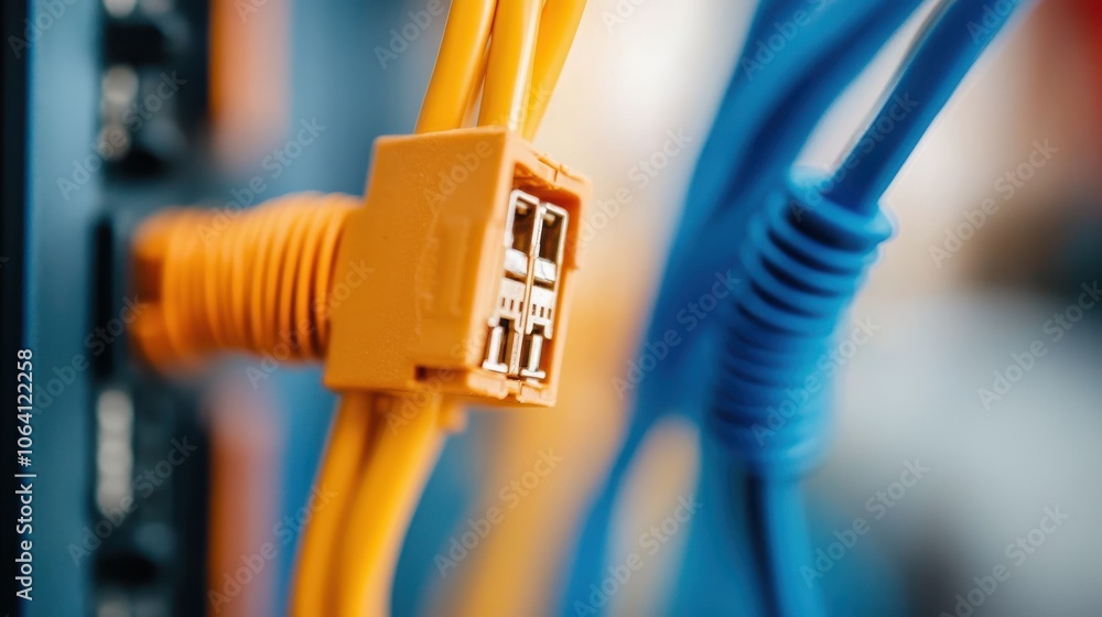 Poster a detailed view of yellow and blue ethernet cables inserted into a network switch, representing mode