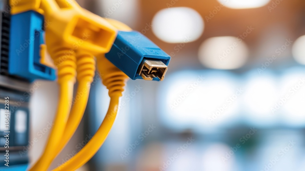Aufkleber a close-up view of multiple yellow and blue ethernet cables connected to a network equipment panel, 