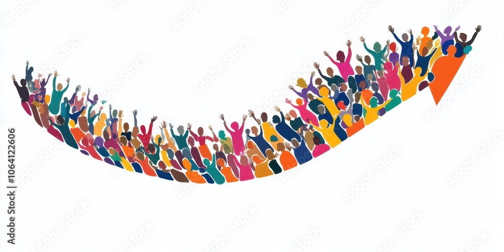 Poster a large group of people standing in an arrow shape, illustration with a white background, a simple a