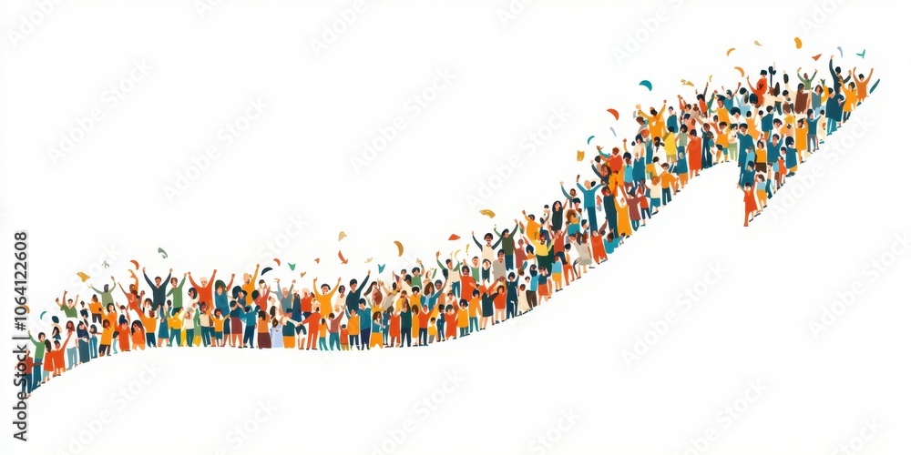 Poster a large group of people standing in an arrow shape, in a clip art style with a white background the 
