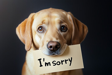 Cute golden labrador dog with a card saying "I'm sorry", Apology Card with yellow retriever.