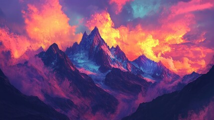 Obraz premium A majestic mountain range stands tall against a vibrant sunset sky. The peaks are snow-capped and the clouds are a mix of fiery orange, pink, and purple hues.