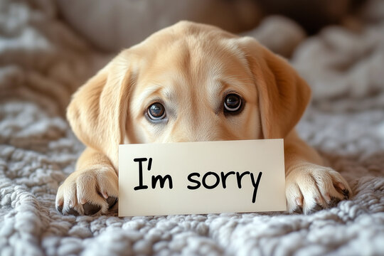 Cute golden labrador dog with a card saying "I'm sorry", with nice eyes, lying on the bed. Apology Card with yellow retriever.