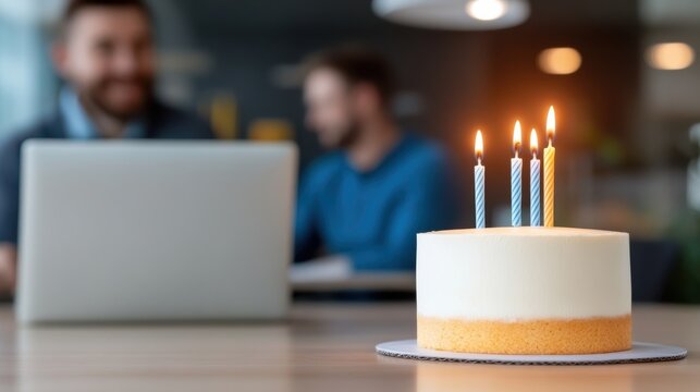 A cake with five lit candles sits on a desk in an office setting, with two men in the background out of focus, suggesting a celebration or birthday event.