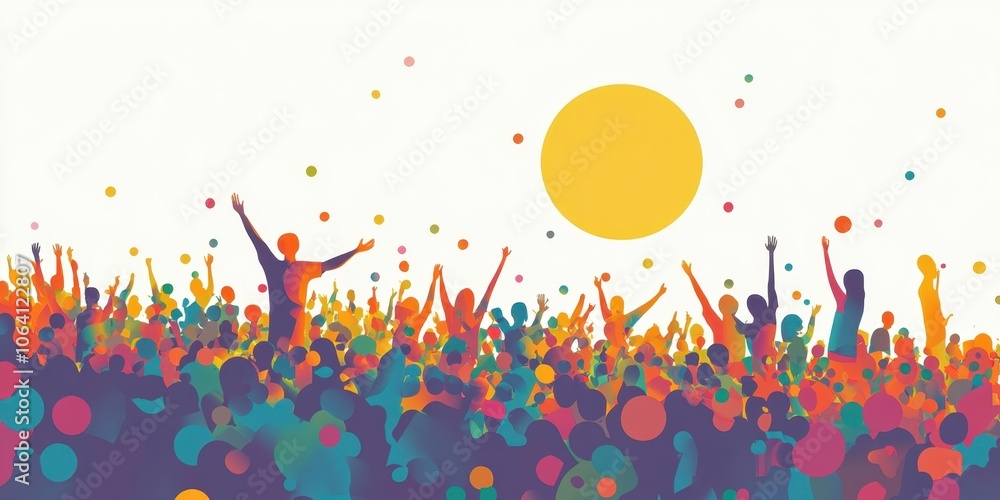 Poster a crowd of people in colorful standing on the top, against a white background simple shape-based app