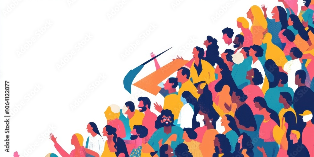 Poster illustration of a large crowd white background, people from different races and nationalities in bri