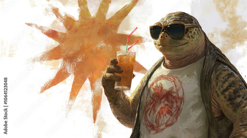 Poster cool turtle enjoys a refreshing drink in a tropical setting generative ai