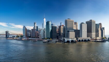 Manhattan skyline featuring iconic skyscrapers and waterfront on a clear day.