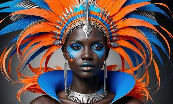 Stunning model showcases vibrant costume and elaborate headdress with blue and orange accents in a captivating studio setting