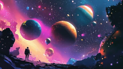A lone figure stands on a rocky landscape, gazing up at a vibrant, colorful sky filled with planets and stars. The scene evokes a sense of wonder and exploration.