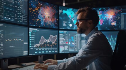 Obraz premium Group of data analysts examining a dataset, with graphs and charts on monitors