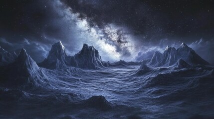 Fototapeta premium A surreal landscape with snow-capped mountains against a starry night sky.