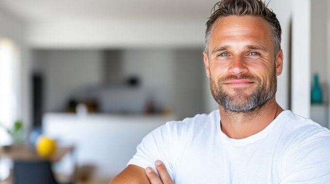 A smiling man with a friendly demeanor stands confidently in a bright, well-lit room, wearing a casual white shirt, conveying warmth and approachability indoors.