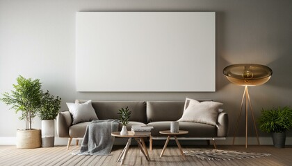 Modern living room interior with blank poster on wall. 3D Rendering