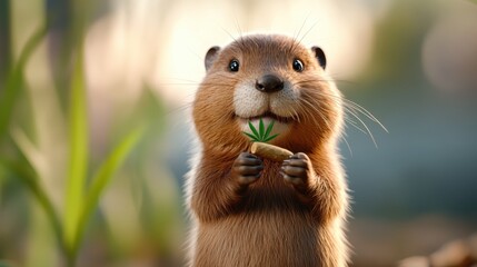 A cute, cartoon-style animal, resembling a beaver, holds a leaf while smiling warmly, set in a serene field, evoking warmth and friendliness in nature.