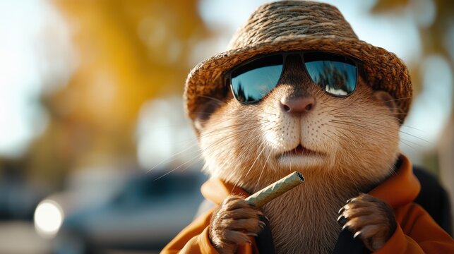 A stylish beaver in a straw hat and sunglasses holds a rolled item, radiating a cool, adventurous vibe on a sunny day outdoors in a vibrant autumn setting.