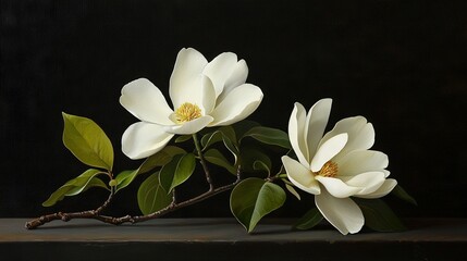 Fototapeta premium A painting featuring two white blooms against green foliage on a dark background, including a prominent branch in the foreground