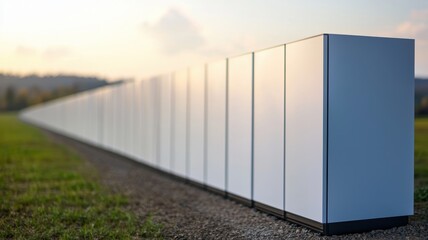 Naklejka premium A long row of sleek, white panels stands on a gravel path against a backdrop of rolling hills and a soft, sunset-lit sky.