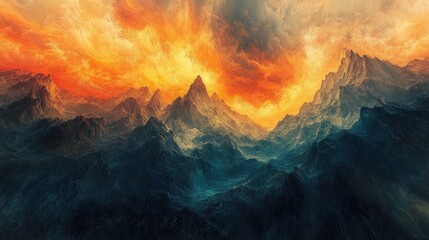 A dramatic, fiery sunset over a range of majestic, mist-shrouded mountains.
