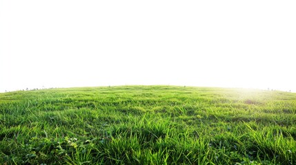 Fototapeta premium Green grassland, isolated on white, with dew drops on the blades. A fresh and calming nature scene