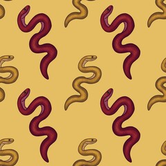 Red and Yellow Snake with Yellow Background Seamless Pattern Design