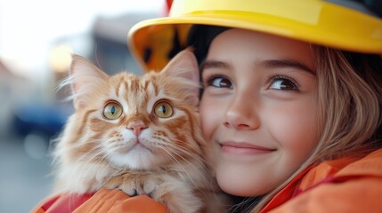 A young girl lovingly hugs a ginger cat while wearing a hard hat, capturing a tender moment of affection and safety. The essence of innocence and warmth is evident.