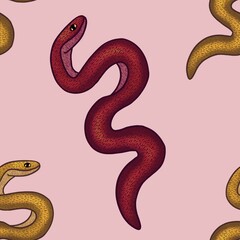 Obraz premium Big Red and Yellow Snake with Pink Background Seamless Pattern Design