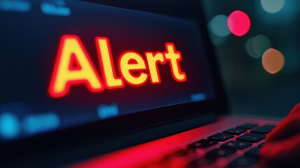A glowing "Alert" message is displayed on a screen, suggesting urgency or a warning, with a dark background illuminated by colorful lights.