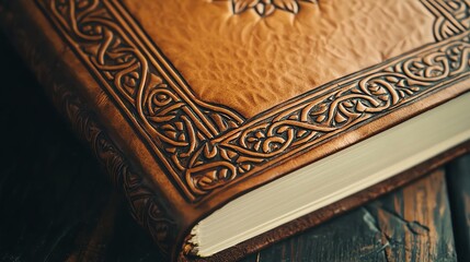 Fototapeta premium Vintage leather journal cover with deeply carved wildflower pattern, honey-colored leather, ornate Celtic border design