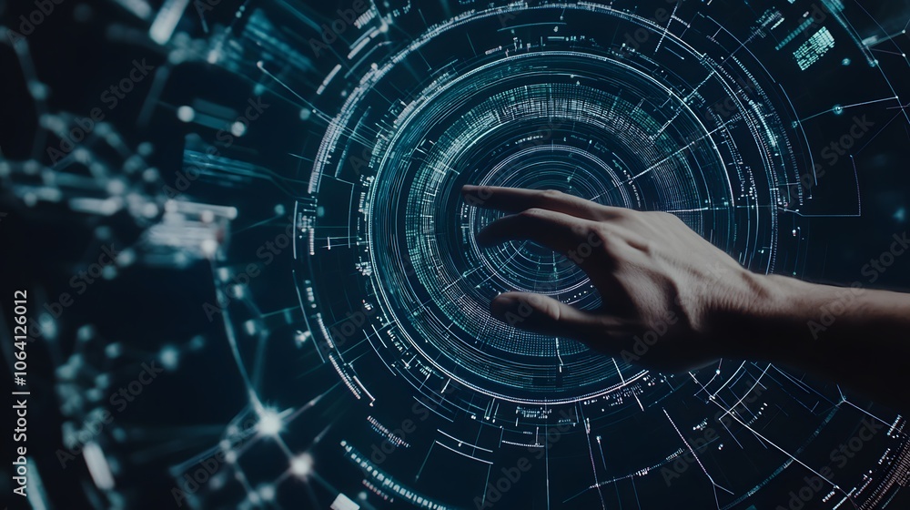 Poster hand reaching towards a digital interface with glowing circular patterns.