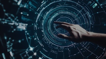 Hand reaching towards a digital interface with glowing circular patterns.