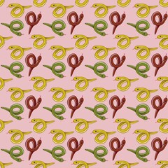 Small Red, Yellow, and Green Snake with Pink Background Seamless Pattern Design