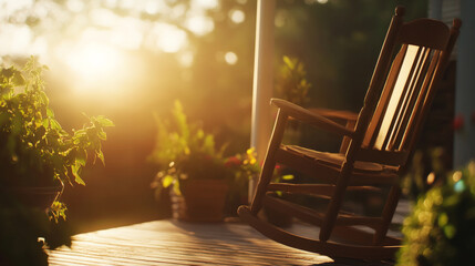 wooden rocking chair sways gently on sunlit porch surrounded by plants, evoking sense of tranquility and nostalgia