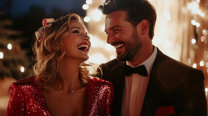 Couple dressed up for a celebration inside laughing during midnight new year 