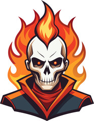 A flaming skull character with fiery hair and intense eyes in a stylized design evokes a sense of danger and mystery