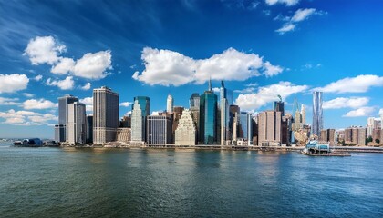 Fototapeta premium New York City skyline with skyscrapers and waterfront under a blue sky with clouds.