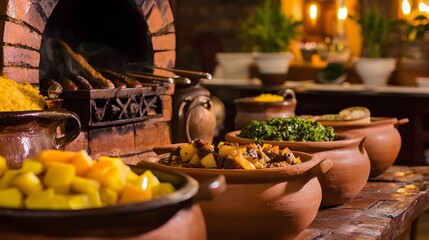 Fototapeta premium Rustic kitchen scene with vibrant, flavorful dishes in clay pots.