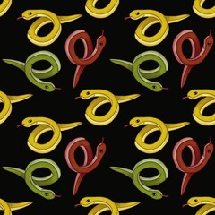 Red, Yellow, and Green Snakes with Black Background Seamless Pattern Design